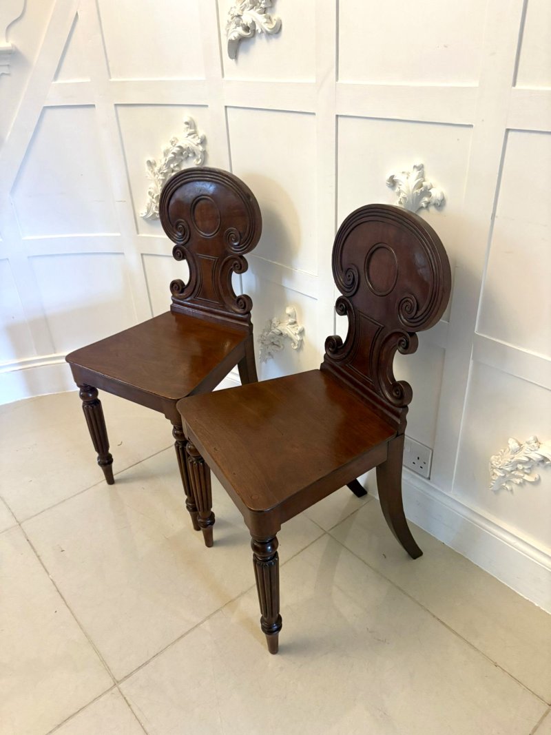 Pair of Antique Regency Quality Carved Figured Mahogany Hall Chairs - Image 3